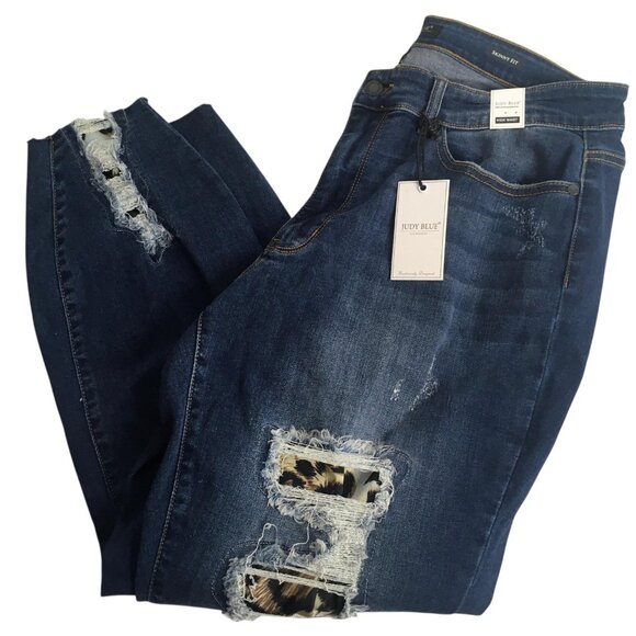 Judy Blue Jeans Womens 18W Dark Wash High Waist Skinny Distressed Leopard Patch - Picture 4 of 16
